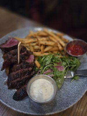 Steak Frites 8oz Hanger, truffle fries, arugula, bordelaise
