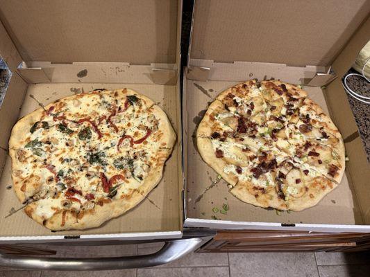 A specialty pizza and Loaded potato pizza