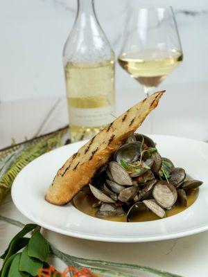 Steamed clams - with pamplona chorizo, onions, serrano peppers served in a garlic white wine butter sauce with crostini.