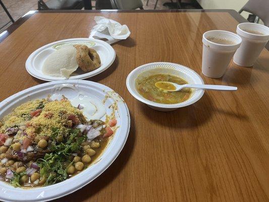 Idli vada with chutney and sambar; samosa chaat ; masala chai