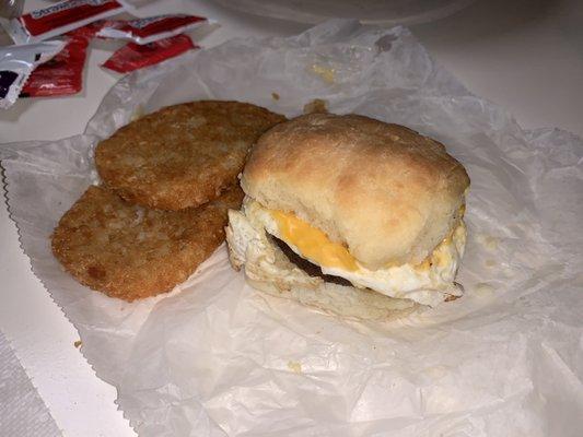 Sausage, Egg, and Cheese Biscuit with has browns. The best breakfast and the sweetest people!!!