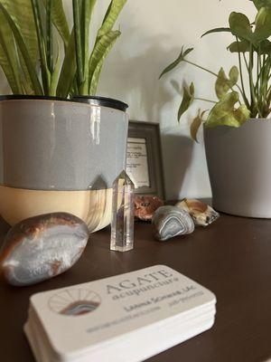Plants, crystals, and business cards for Agate Acupuncture