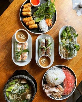 Pho, spring rolls, egg rolls.