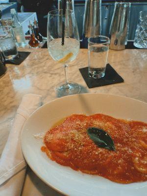 Ravioli and limoncello spritz