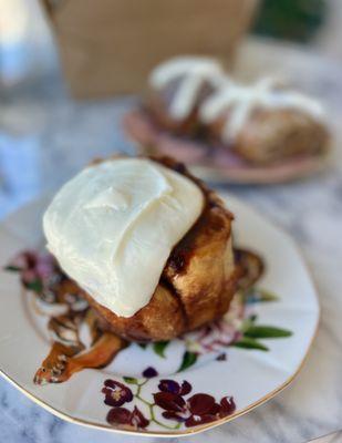 Cream cheese cinnamon roll and Easter hot cross buns