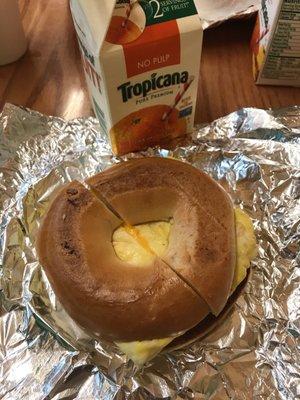 Egg and cheese on a plain bagel.