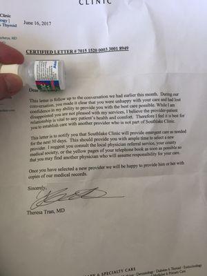 The certified letter of her black balling me. I requested to change to the other doctor. This was my response.