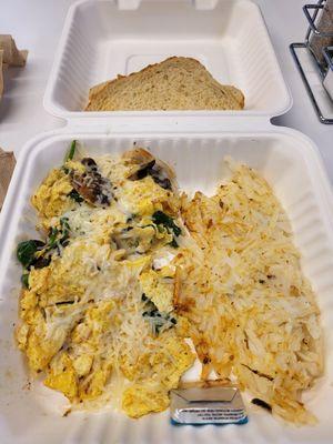 Spinach and mushroom scramble with sourdough toast and hash browns