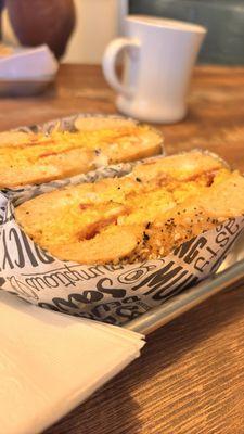 Standard bacon, egg and cheese on an Everything bagel. A solid classic!