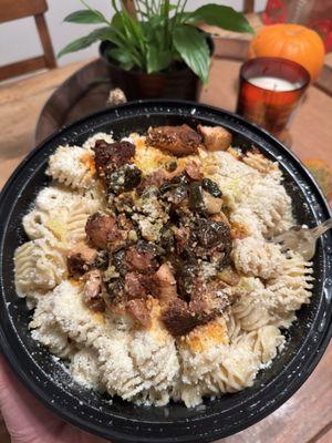 Radiatori with cheese sauce, grilled chicken, and jalapeño garlic on top!