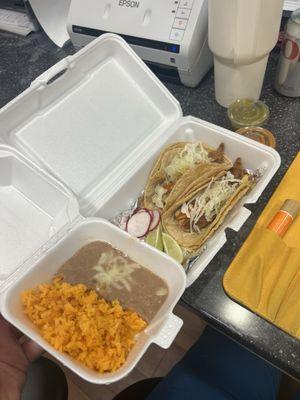 Beans and rice, fish tacos
