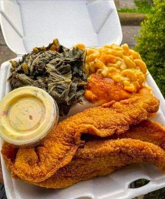 Fried Catfish, greens and macaroni and chesse