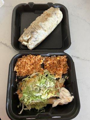Rolled tacos with rice and a California Burrito