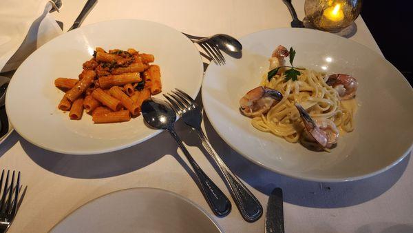 (L) Rigatoni with spicy sausage and spinach... (R) shrimp over linguini in a subtle lemon sauce