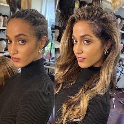 NO "INSTALL" REQUIRED- 25% Ultra High Definition Front w/ Stretch Back, built in European Wavy blonde w/ roots and highlights, 18 in