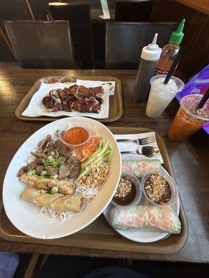 B3. Grilled Sliced Pork and Egg Roll Vermicelli Spring Roll with Shrimp and Pork Thai Iced Tea and S7. Roast Duck