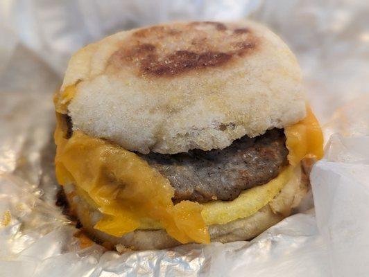 Sausage, egg, and cheese breakfast sandwich.