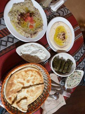 Dolmas, baba ghanouj, delicious yogurt sauce and hummus