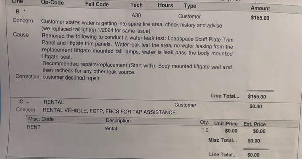 Receipt stating to start with this second repair and check for other leak sources.
