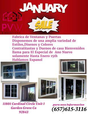 Fabrica de Ventanas y Puertas
Disponemos de una amplia variedad de Estilos,Disenos y Colores
Contratitastas y Duenos de casa Bienvenidos