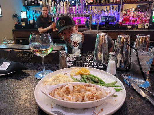 Baked Scallop Special with rice pilaf and fresh green beans