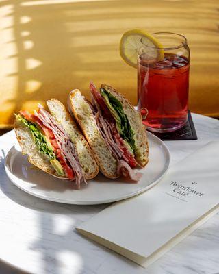 Jamon torta with arugula, tomato, avocado & tomatillo crema