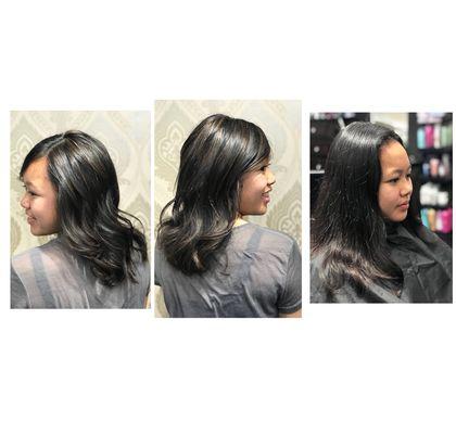 Caramel highlights on brunette virgin hair and medium layered haircut