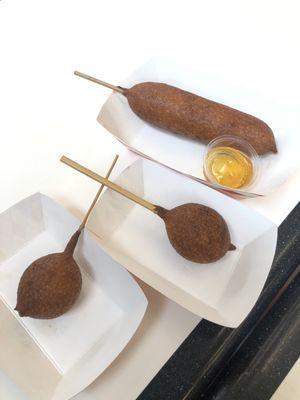 Smoky Cheddar Dog w a side of honey, deep fried Oreo, baby bell cheese pop