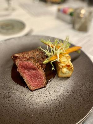 8oz. Filet Mignon lobster boursin potato confit heirloom baby carrots, Creole Bordelaise