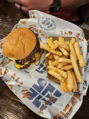 Bacon cheese burger with double crisped crinkle-cut fries