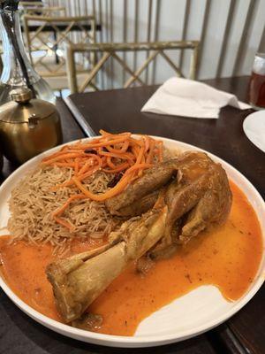 Lamb Shank with rice, salad, & soup