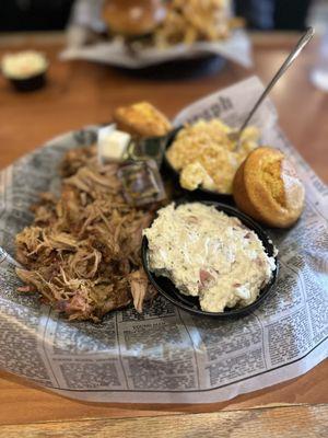 Pulled Pork platter with Mac & Cheese and Potato Salad
