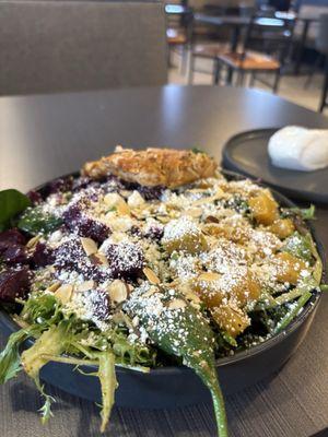 Beet salad with added chicken (side of burrata in the back so yummy with crostinis)