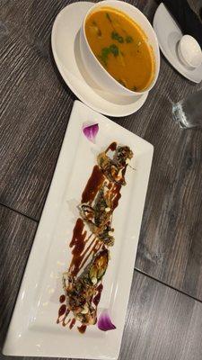 Crispy salmon noir crunch, tom yum soup