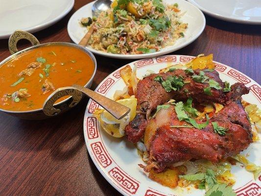 Mehfil chicken tikka, vegetable biryani rice, rogan josh