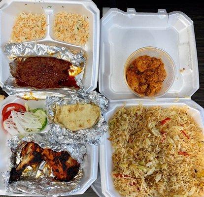 Clockwise from top Fish platter Chicken Karai w fried rice and chicken tandoori