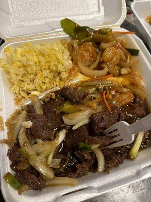 The 2 shrimp I had left after eating 1 and a few bites of rice and beef. Tons of beef, very little rice and shrimp.