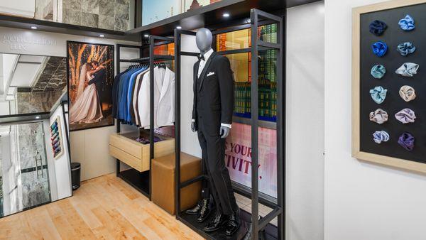 Generation Tux showroom with wedding suits and accessories on display at Sawgrass Mills Mall in Sunrise/Fort Lauderdale, FL.