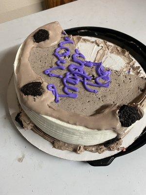 This is a photo of most of the cake. Came home and cut it. Didn't taste good at all. Somewhat spoiled best I can describe it.