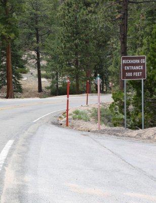 Small sign on the right,easy to miss before the Large "Buckhorn Campground" sign.Entrance is on the left side,down a small road.