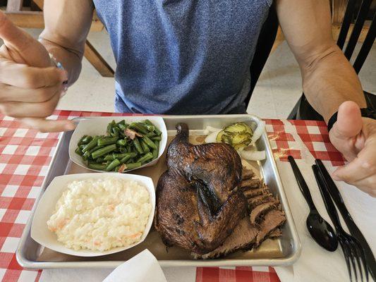 2 meat platter with chicken and brisket, with coleslaw and beans.