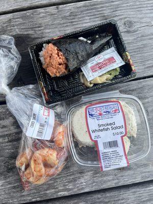 Shrimp Cocktail (5 pc.), Spicy Tuna Roll Hand Roll (8-piece), smoked whitefish salad