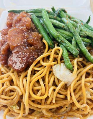Orange chicken, chow mein, green beans