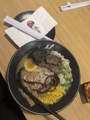 Osaka tonkotsu ramen w beef and kimchi on side