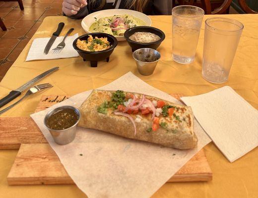 Chicken chimichangas with a burrito called "the California."
