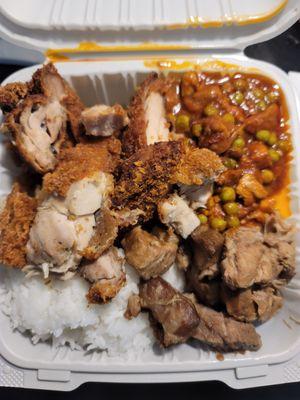 Kalbi (top left), pork and peas (top right), adobo (bottom right)