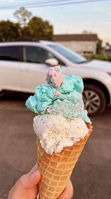 Cookies and cream, cotton candy ice cream, and a waffle cone