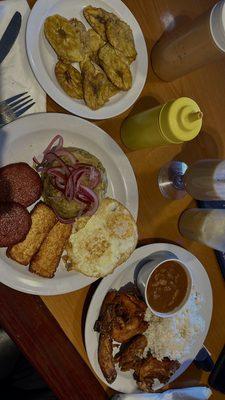 Tostones up top, Mangu plate in the center, and bottom is fried chicken plate.