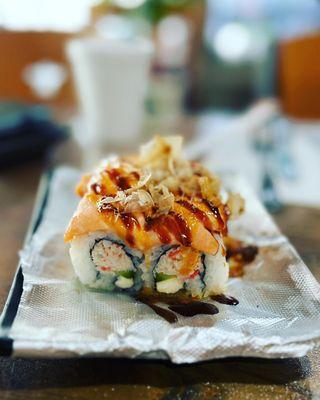 Baked salmon roll - crab, avocado, cream cheese in and baked salmon out - excellent!!!