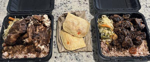 Large jerk chicken (left) and oxtail meal Jerk and curry chicken patties in the middle